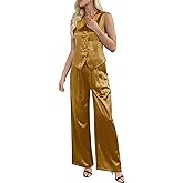 heipeiwa Women's 2 Piece Sets Thick Satin Suit Vest Waistcoat Wide Leg Pants Dressy Business Casual Two Piece Outfits