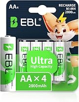 EBL 2800mAh AA Ni-MH Rechargeable Batteries 4 Pack High Capacity