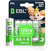 EBL AA Rechargeable Batteries,1.2V NiMH Double A Battery 2800mAh High Capacity Pre-Charged Long Lasting - 4 Pack