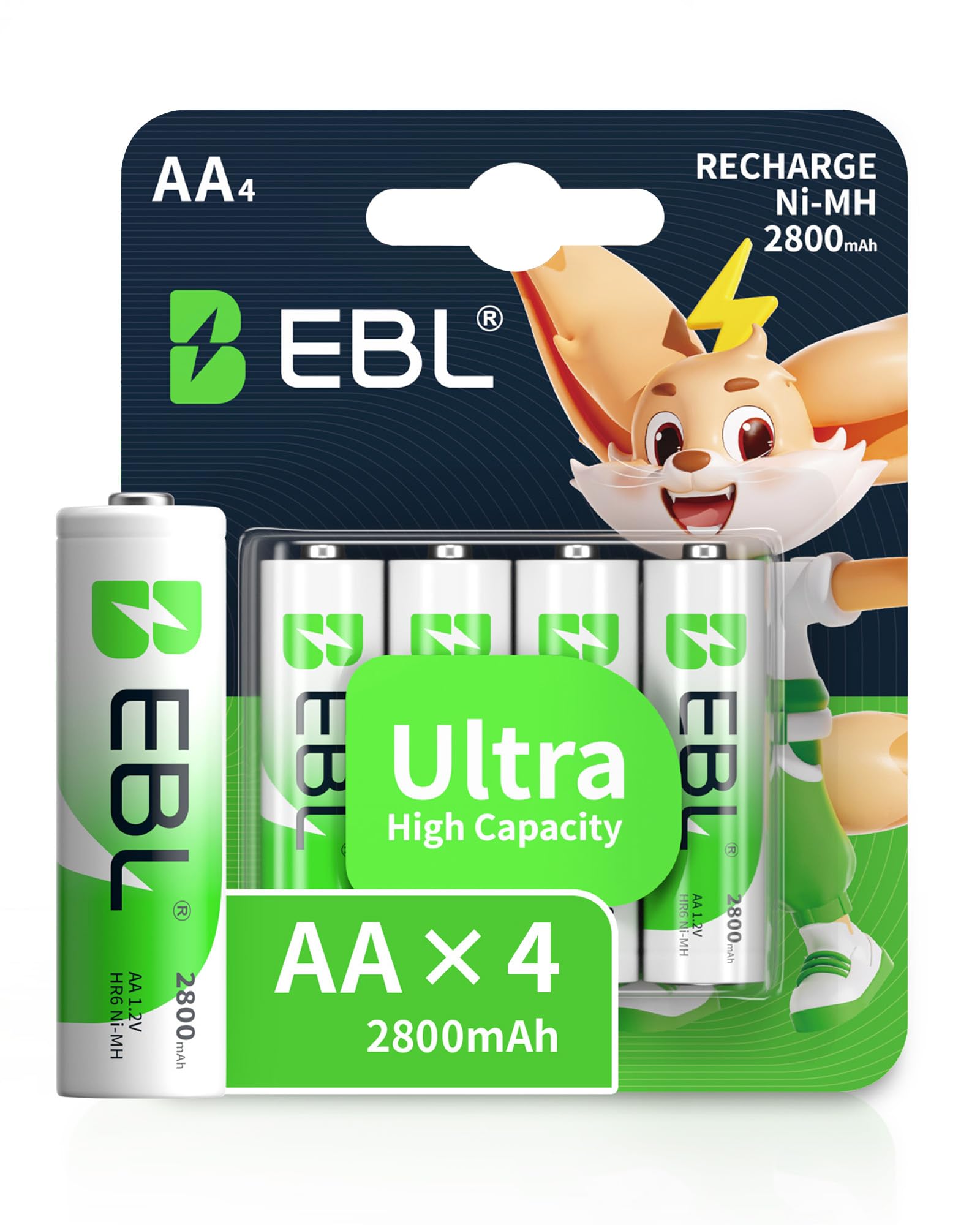 EBL High Capacity 2800mAh AA Rechargeable Batteries with New Retail Package [Pack of 4] (Packaging being updated)