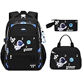MITOWERMI 3pcs Boys Backpack with Lunch Box School Bags for Boys Lightweight Astronaut Kids Backpack Bookbags Sets for Elementary School Students, Black
