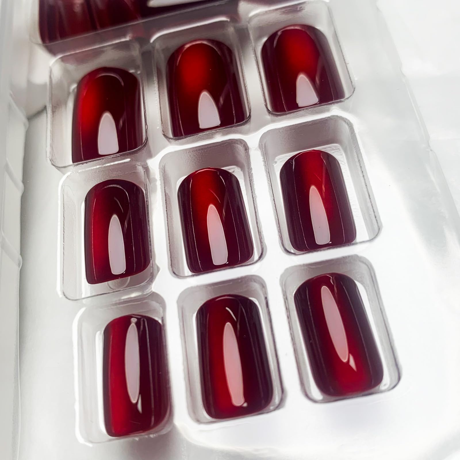 Wine Red Press on Nails Short Square Acrylic Nails Ombre Glitter Fake Nails Glossy Full Cover Glue on Nails Red Nails Press ons for Shiny Nails Manicure for Women 24Pcs - Image 3