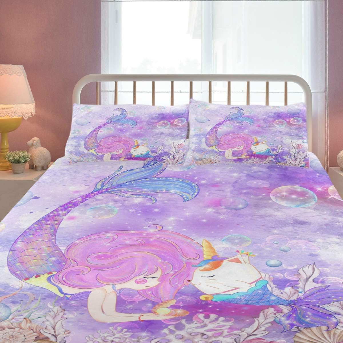 ZOEO Girls Mermaid Twin Bedding Set Purple Unicorn Magic Cat Bed Sheets Sets Cartoon Bedspreads Cute Duvet Cover Set 3 Pieces for Teens