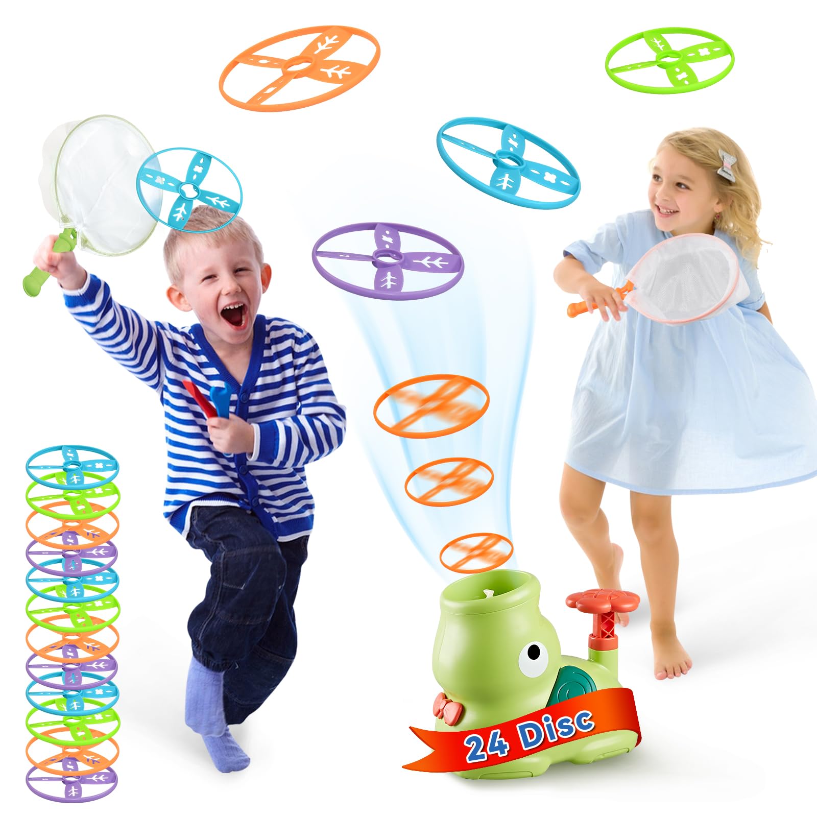 YYDeek Kids Outdoor Toys, Autism Sensory Equipment, Garden Toddler Toys for 3 Years Old Boys and Girls, Flying Disc Launcher Toy with 24 Saucers, Outdoor Games for Kids 4-8, 8-12