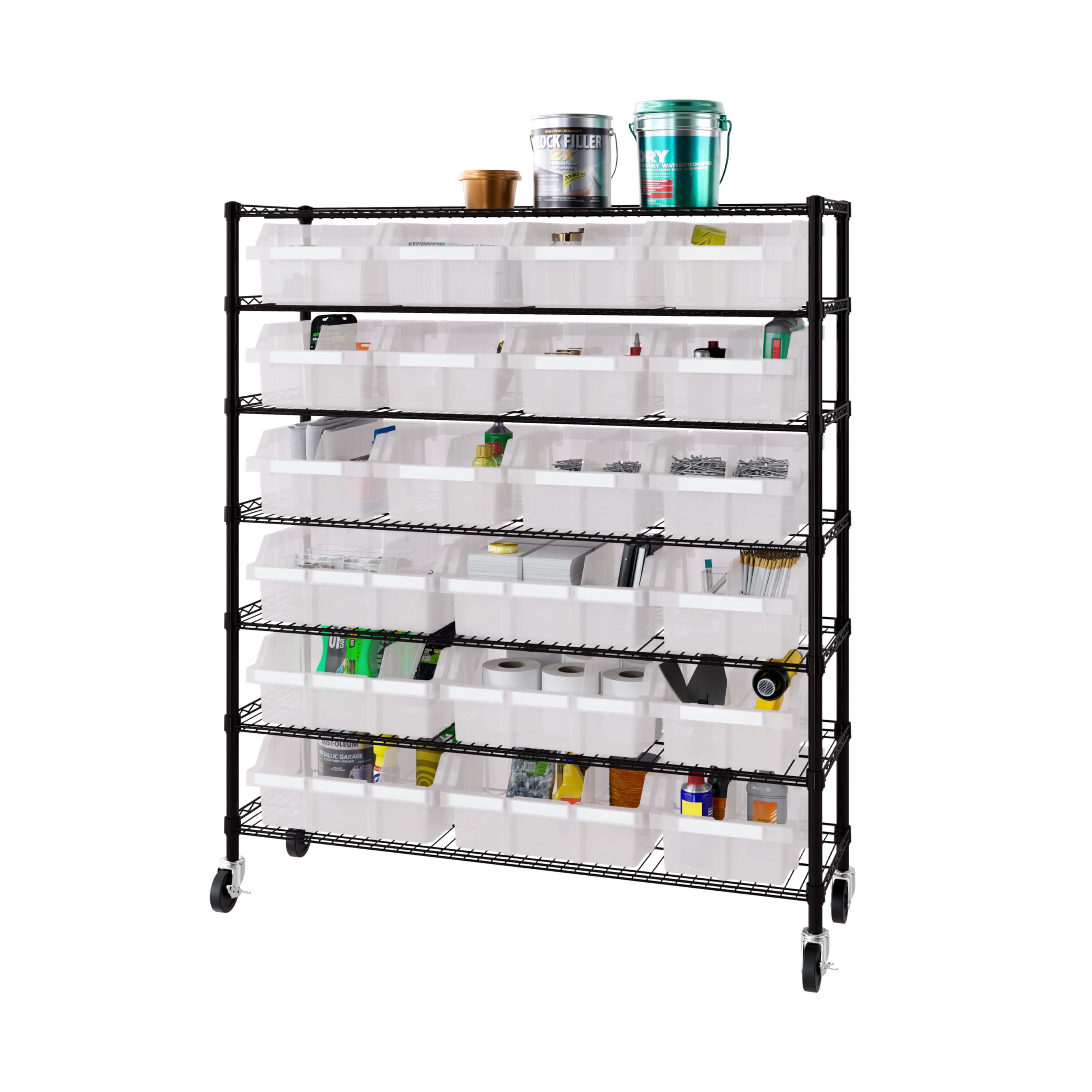 Photo 1 of Seville Classics Heavy Duty NSF Bin Rack Solid Steel Wire Shelving Storage Unit, Patented Organizer for Garage, Warehouse, Office, Restaurant, Classroom, Kitchen, Translucent, Includes 21 Bins