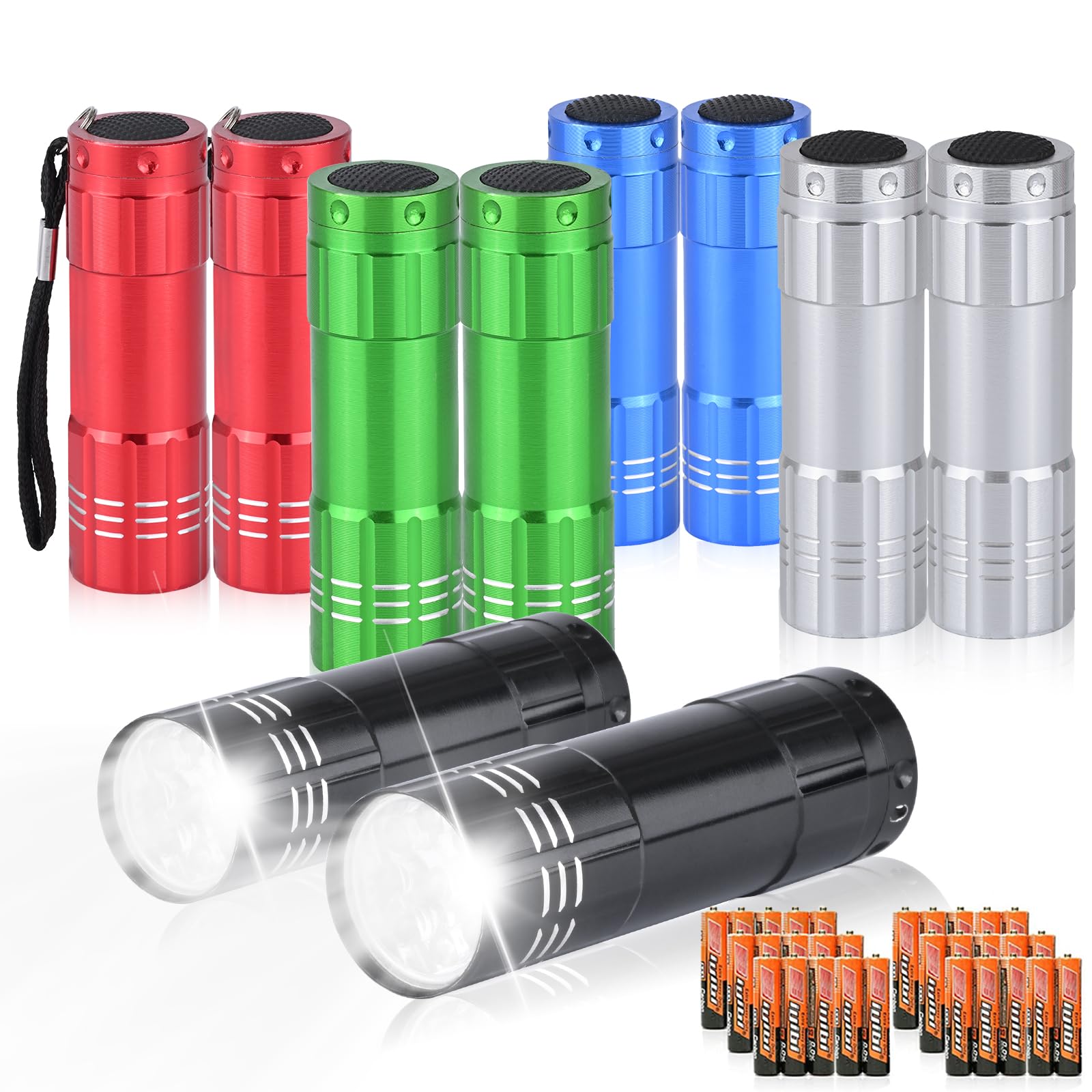 Photo 1 of yikosam 10 Pack of Flashlights 9 LED Mini Aluminum Flashlight Bulk with Lanyard 30 AAA Batteries Included Assorted Colors Handheld Flashlights for Hurricane Supplies Camping, Night Reading, Cycling