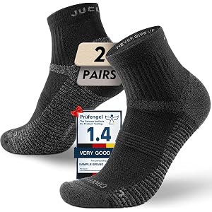 Juclise Men's Lightweight Quarter Merino Wool Hiking Socks 2 Pair, Thin Breathable Anti-Blister Moisture Wicking