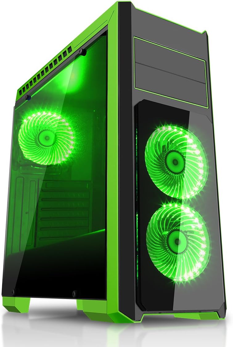 CiT Flash Midi Tower Computer Case with 3 x 12 cm 33 Green LED Fan, Glass Side, Top and Front Panel - Black/Green