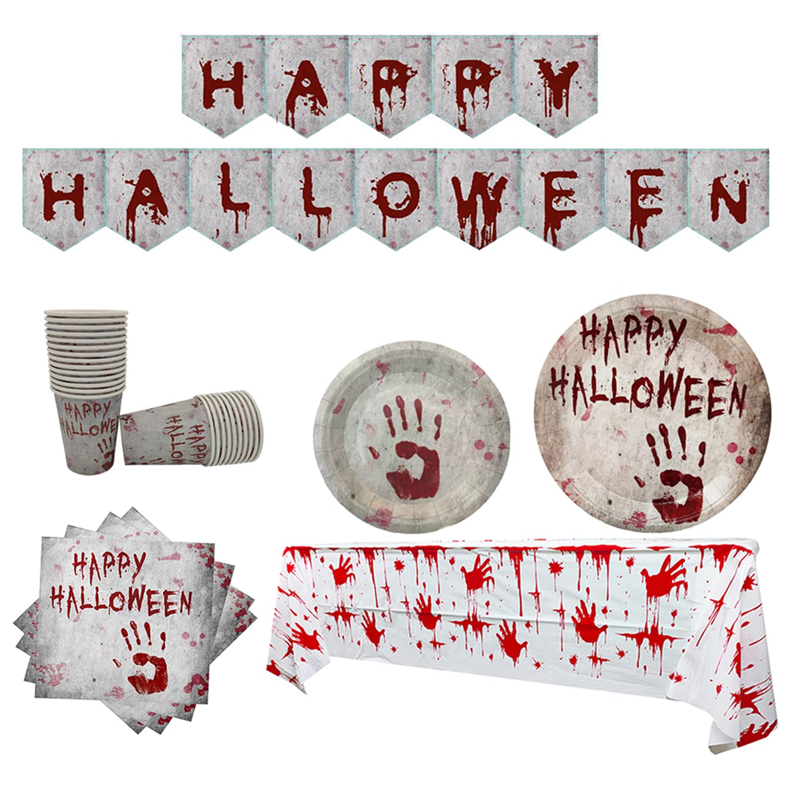 Halloween Party Tableware Set 16 Guests,Halloween Disposable Dinnerware Set Tableware Decor - Plastic Tablecloth,Banner,Paper Plates Napkins and Cups for Halloween Party Supplies Tableware Decorations