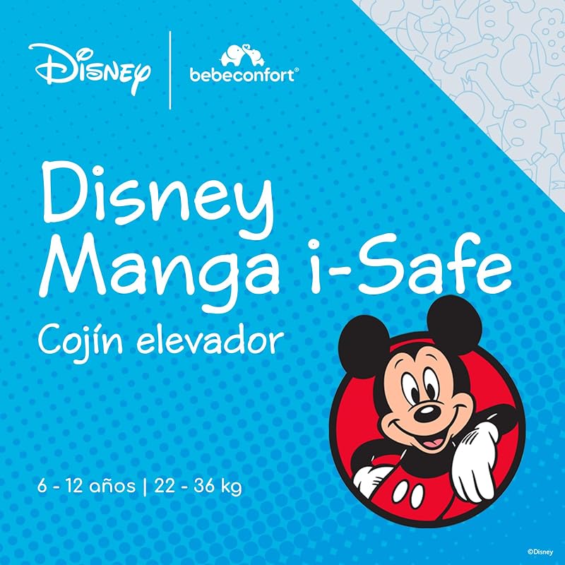 Disney Manga i-Safe, Asiento Elevador Coche, Silla Coche Mickey Mouse, 6-12 Años, 128–150 cm, 22-36 kg, Ligera, Instalación Fácil con Cinturón, Acolchada, Tejidos Suaves, Authentic Mickey
