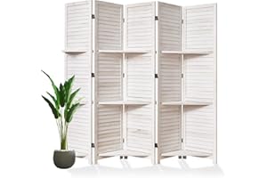 SVIMI Room Divider with Shelves, 5.6 Ft Tall Folding Wood Screen with Double Hinges for Home Office Bedroom Hotel Decoration (5 Panels, White-Washed)