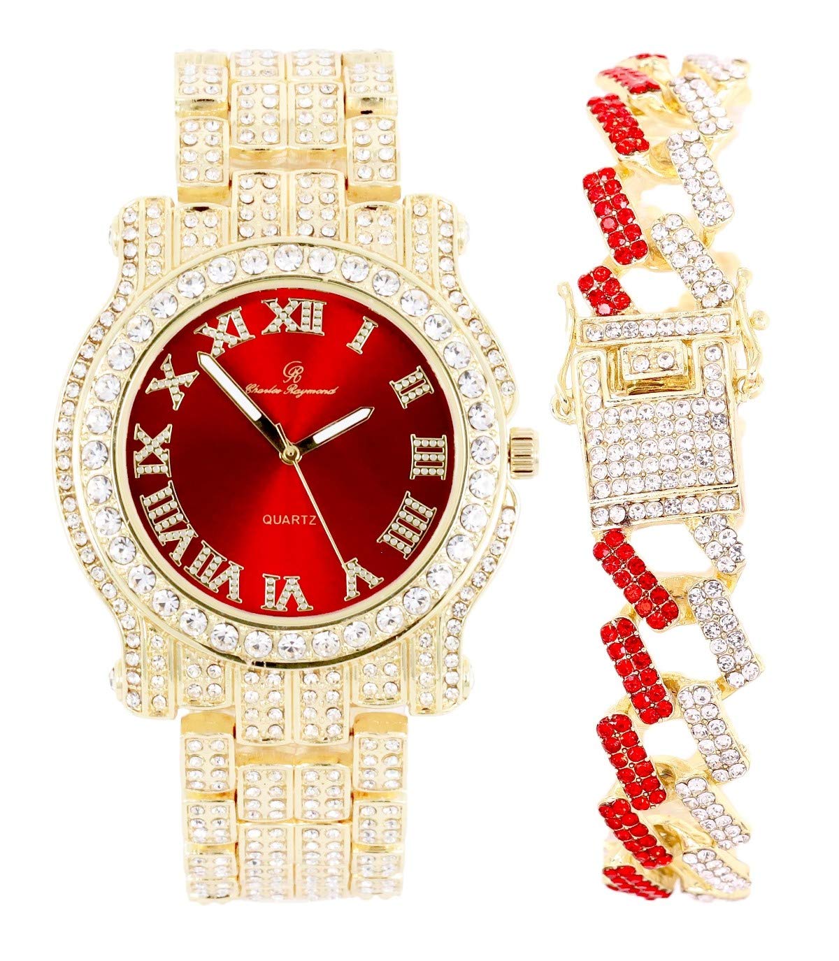 Charles Raymond Bling-ed Out Silver Round Luxury Mens Watch w/Bling-ed Out Bracelet - L0504B, L0504RNB ZZ Gold Blood Red, mens, L0504RNB ZZ Gold Blood Red