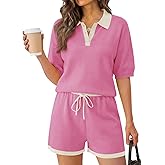 Tankaneo Womens 2 Piece Sweater Short Sets 2026 Summer Vacation Outfits Short Sleeve Knit Collared Tops Matching Lounge Set