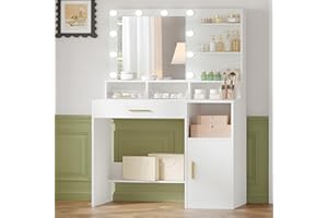 Hzuaneri Vanity Desk with Mirror and 10 LED Lights, Makeup Vanity with 3 Shelves & 4 Open Compartments, Dressing Table with L