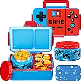 Game Kids Bento Lunch Box – 12 oz Stainless‑Steel Soup Thermo & 3‑Compartment Leak‑Proof Food Container with Built‑In Ice Pack, Insulated Food Jar for Boys & Girls, School & Travel