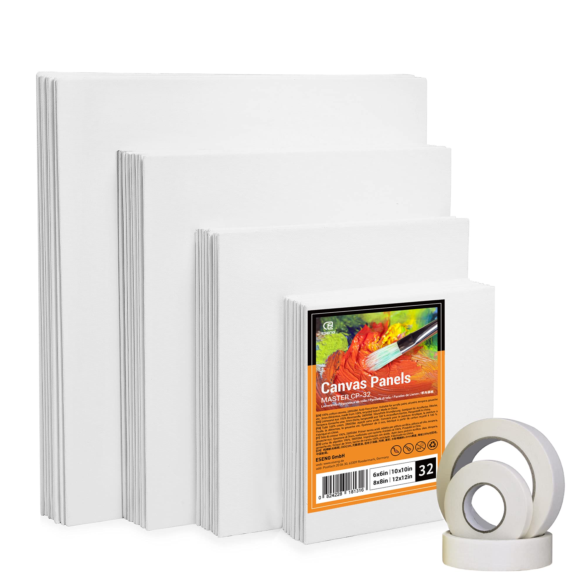 ESENG® Painting Cardboard, 32 Pieces, Multiple Sizes (15x15, 20x20, 25x25, 30x30 cm) with 3 x 30 m Masking Tape, 100% Cotton, Canvas Panel