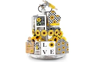 Thyle 15 Pcs Sunflower Tiered Tray Decor Set Wooden Sunflower Ornament Rustic Sunflower Decorations Farmhouse Sunflower Sign for Gifting Table Home Decor