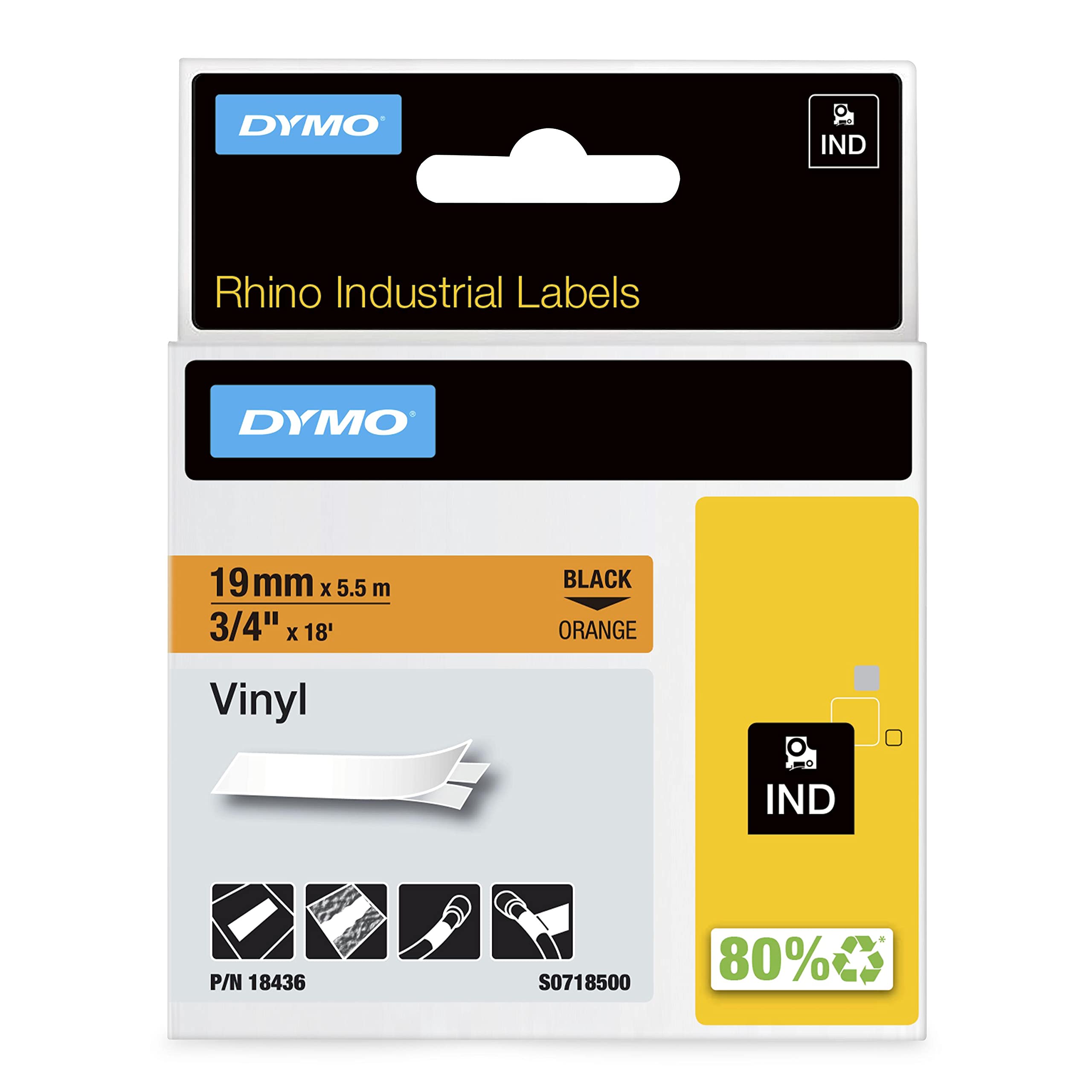 DYMO Rhino Industrial Vinyl Labels | 19 mm x 5.5 m | Black Print on Orange | Self-Adhesive | for Rhino & LabelManager Label Makers