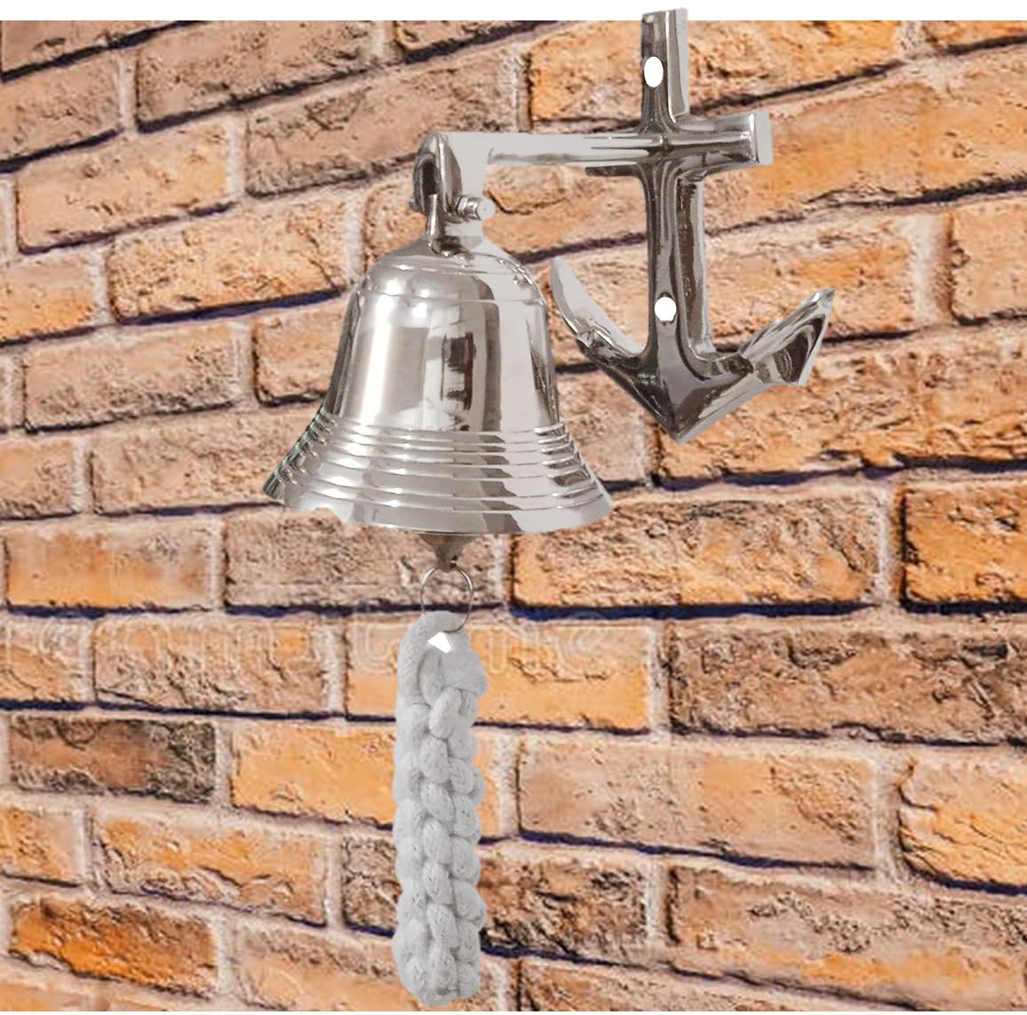 Purpledip Brass Nautical Bell with Anchor Mount: Pirate Ship Marine Wall Hanging, Silver (11403A) — image 1