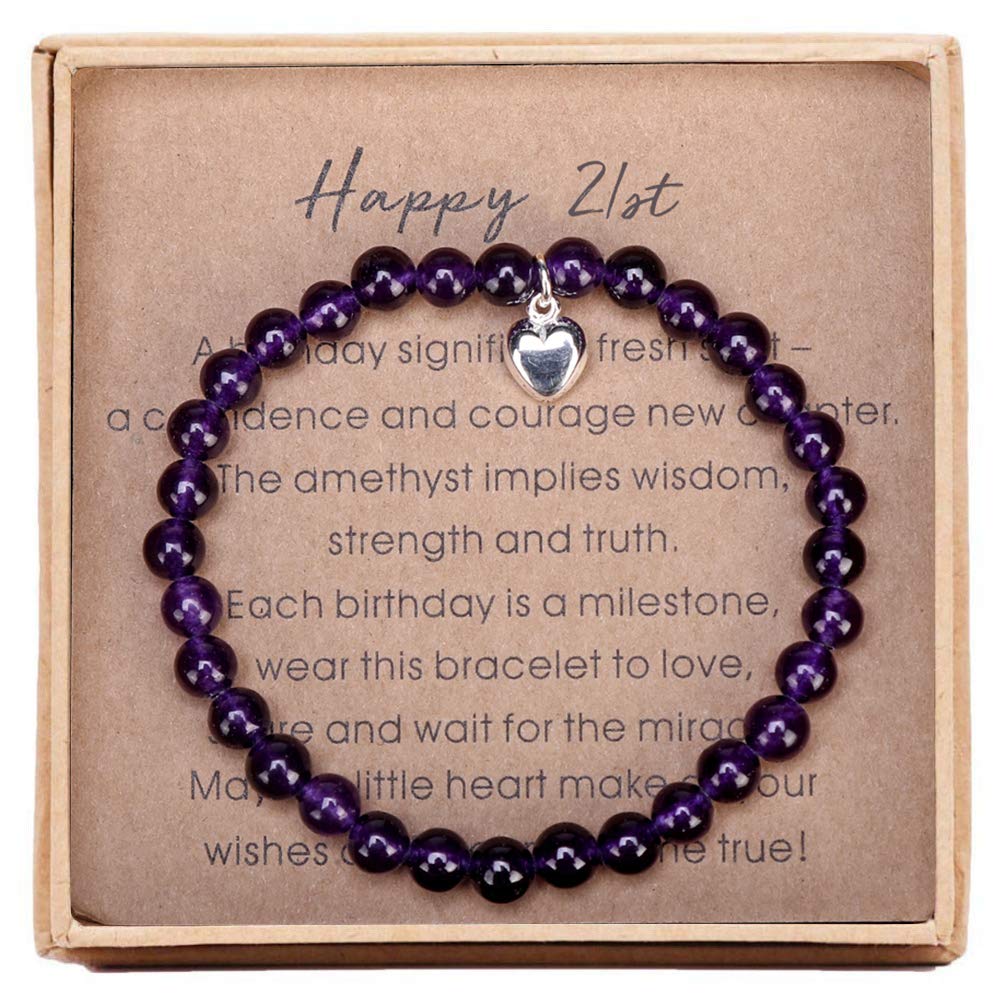Giuesytic 21st Birthday Gifts for Her Amethyst Bead Bracelet with Sterling Silver Heart Charm Gifts for 21 Year Old Women with Card and Gift Box