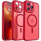 CANSHN Magnetic Compatible with iPhone 13 Pro Case, Upgraded [Full Camera Protection] [Compatible with Magsafe] [Translucent Matte] Shockproof Protective Phone Case Cover 6.1 Inch - Red