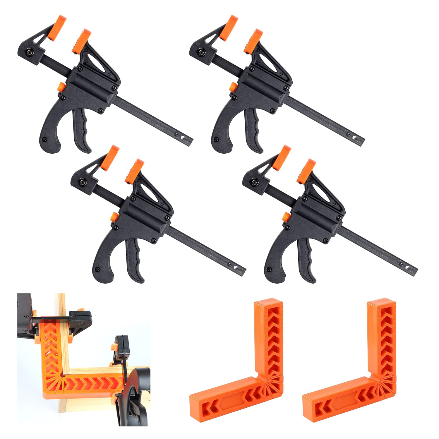 JINTANG 6Pcs Quick Grip Clamps 7Inch F Woodwork Clamps Small Ratchet bar Clips 90° Positioning Squares Right Angle Clamp One Hand Quick Release Clamp Sets for Carpenters, Woodworking, DIY Projects