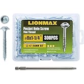 LIONMAX Pocket Hole Screws Fine Thread 1-1/4 Inch, 300 PCS Interior Pocket Screw #8 x 1-1/4", Square Drive, Washer Head, Zinc Plated, for Hardwood, 150MM Drive Bit Included