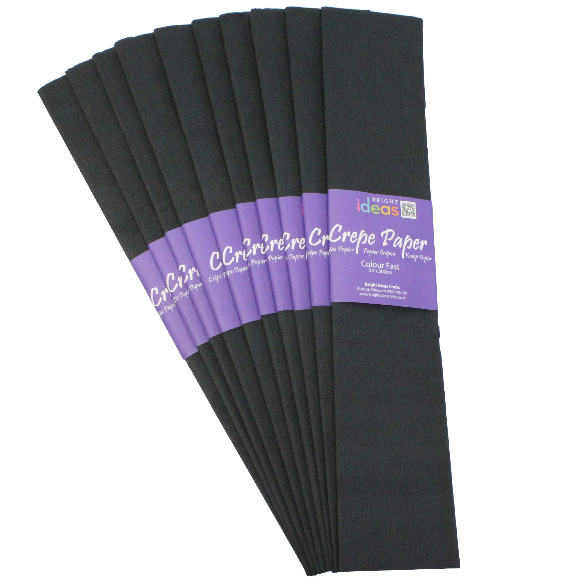 Bright Ideas Crepe Paper Sheets - Black. Sheet Size: 50cm x 3m, Pack of 10 Folds. 17gsm, 40% Stretch, Colourfast and Acid Free. Ideal for Flower Making, Gift Wrapping and Arts & Crafts.