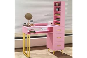 ELEVACHIC Manicure Table Nail Desk w/Electric Dust Collector, Versatile Manicure Station for Nail Tech, Includes Wrist Cushion, Storage Cabinet & Drawers, Shelves, for Salon & Home, Pink and Gold