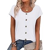WIHOLL Womens Summer Tops Cap Short Sleeve Shirts Button Down Blouses U Neck T Shirts Fashion Clothing
