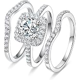 MDFUN 18K White Gold Plated Cubic Zirconia Three-in-One Halo Wedding Engagement Promise Eternity Ring for Women