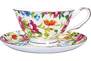 PMNING Tea Cup and Saucer Set Royal Garden Style Tea Coffee Cup with Saucer 7 Ounces Bone China Teacup and Saucer Set
