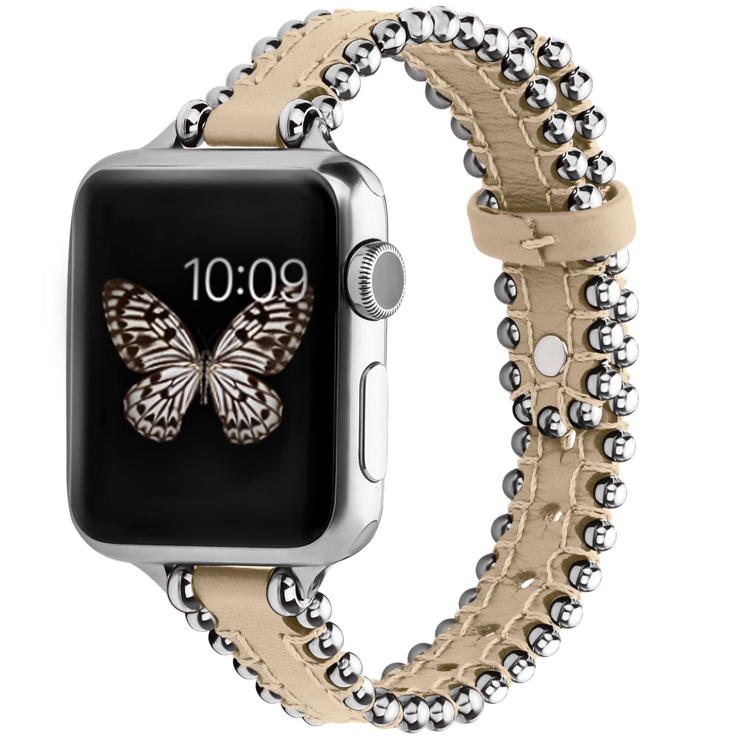 wutwuk Compatible Apple Watch Strap 38mm/40mm/41mm Beaded Leather Women Replacement Straps for iWatch Series 9/8/7/6/5/4/3/2/1/SE/SE 2 Apple Watch Wristband - Kaki + Silver Buckle 38mm/40mm/41mm