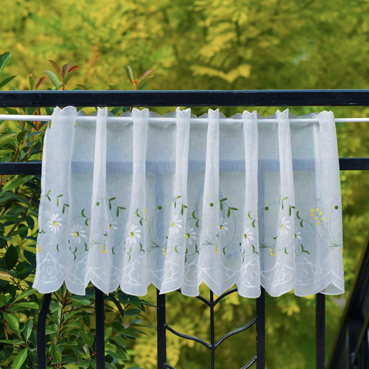 yurlisa KFL017 Sheer Embroidery Pastoral Style cafecurtain, White Sheer Valances for Windows,18X60 inch, Green Leaves