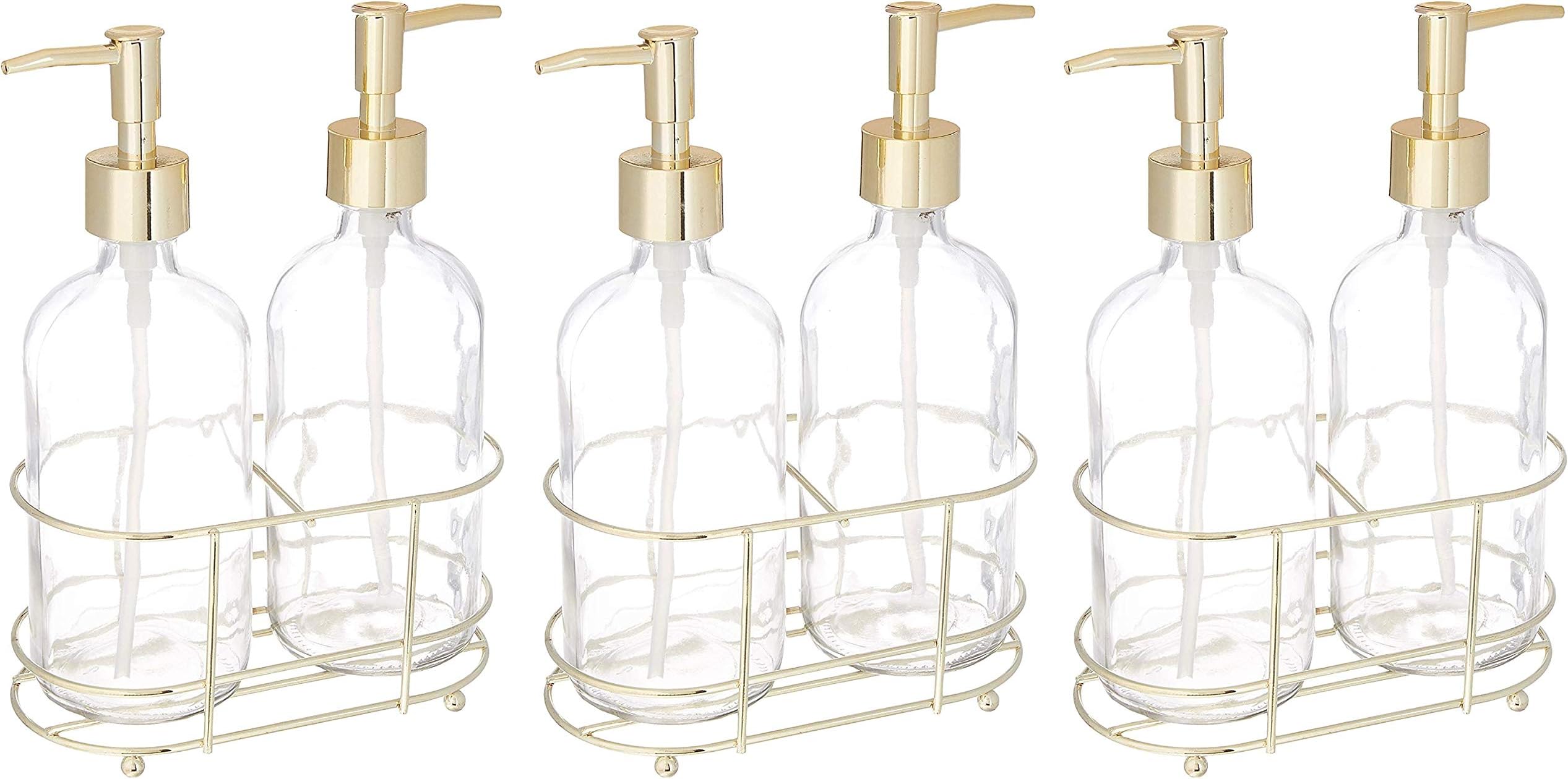 Circleware 32465 Duo Gold Dispenser Accent Bottle Pumps in Metal Caddy Set of 2, Bathroom Accessories Home Decor for Essential Oils, Lotions, Liquid Soaps, 16 oz, Clear (Thrะตะต ะ ack)