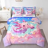 Feelyou Kids Cute Axolotl 7 Pieces Bedding Set Twin Size, Galaxy Cloud Comforter Set with Sheets Boys Girls Cartoon Animal Bed in A Bag Dreamy Rainbow Teens Bed Set Bedroom Decor 7Pcs