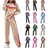 Toumov Womens 2 Piece Outfits Fashion Rainbow Striped Sweatshirt Casual Wide Leg Pants Tracksuit Sets Matching Sweatsuit