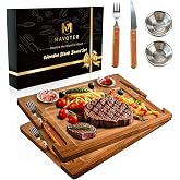 Acacia Wooden Steak Plate Board Set with Knife Fork &amp; Sauce Cups 2 Set Pack | Cutting Board Plates with Deep Juice Groove, Charcuterie Eating Boards for Dinner BBQ Party Restaurant Housewarming Gifts
