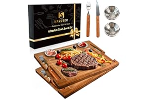 MAVOTER 2 PCS Acacia Wooden Steak Board - 15 Inches Steak Cutting Plate Board with Fork, Knife and Ramekins (2 Set)