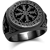 Oaldilee Nordic Battle Axe Ring Viking Vegvisir Pirate Compass Rings Stainless Steel/18K Gold Plated/Black Norse Symbol Vintage Jewelry for Men Women Send Gift Box