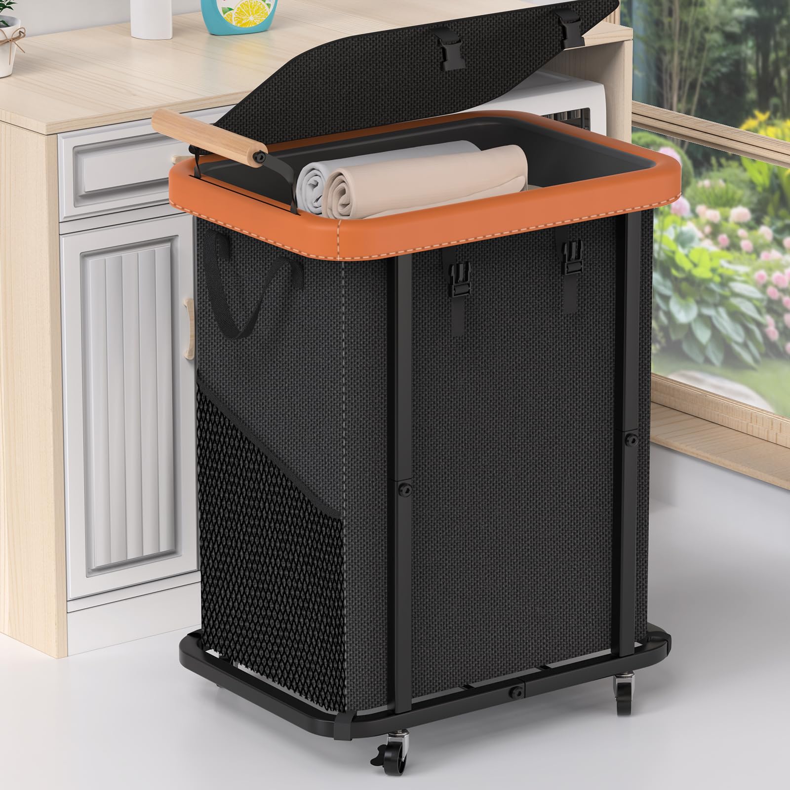 Photo 1 of 150L (40 Gal) High-Grade Fashion Laundry Basket with Wheels, Leather Patchwork Large Laundry Basket with Handles, 900D Oxford Fabric, Detachable Laundry Hamper for Bedroom, Bathroom, Laundry Room