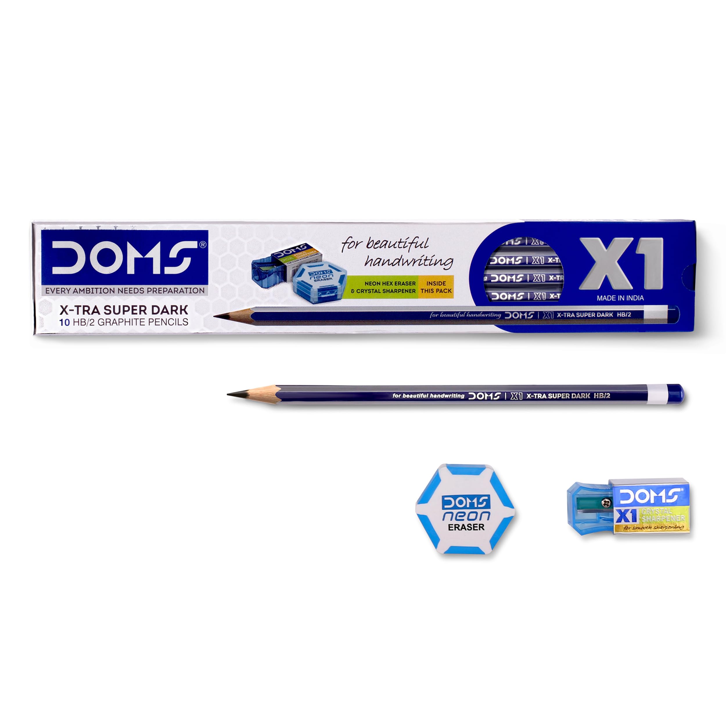 Doms X1 X-Tra Super Dark Pencils 1 Pack - 10 Pencils - 1 Dust Free Eraser + 1 Extra Long Sharpener + 1 Protection Cap Free
