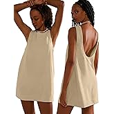 VIUTIL Womens Summer Linen Mini Dress Boat Neck Low Back Sleeveless Tank Dresses with Pockets 2026 Vacation Outfits