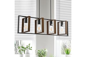 DORESshop 33.7'' Kitchen Island Lighting, 4-Lights Dining Room Light Fixtures, Farmhouse Pendant Lights for Kitchen, Adjustable Farmhouse Chandelier with Brown Wood and Black Metal