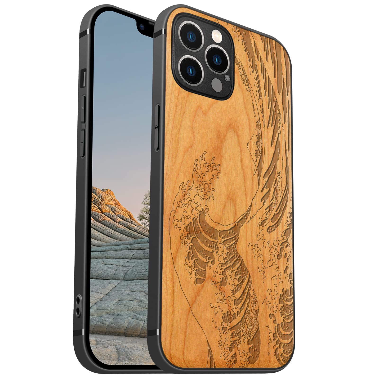 Carveit Magnetic Wood Case for iPhone 12 Pro Max [Hard Real Wood & Soft TPU] Shockproof Protective Cover Unique & Classy Wooden Case Compatible with MagSafe (The Great Wave Off Kanagawa-Cherry)