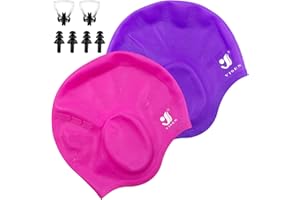 NANASO Unisex Swim Caps Ear Protection,2 Pack Silicone Swimming Caps for Short/Long Hair with Ear Plugs&Nose Clip,Waterproof Flexible Swimming Hat for Women Men Adults Kids,Bath Swim Caps Easy to Put On/Off