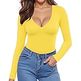 MANGOPOP Deep V Neck Long Sleeve Shirts for Women Sexy Slim Fitted T Shirt Tops