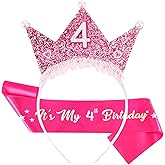 Vovii Birthday Girl Headband with Pearl & Sash Set for 4th Birthday Decorations for Girls, Princess Crown Headband for 4 Year Old Girl Dress Up, Photo Prop & Party Decorations Gifts