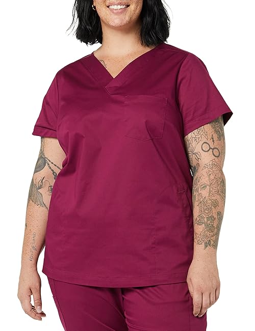 Amazon Essentials Women's Classic Fit V-Neck Short Sleeve Scrub Top (Available in Plus Size), Plum, 5X