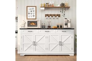 usikey 63” Large Sideboard Buffet Cabinet with 4 Doors and 3 Drawers, Farmhouse Buffet Table, Dining Room Storage Cabinet for Kitchen or Living Room, White